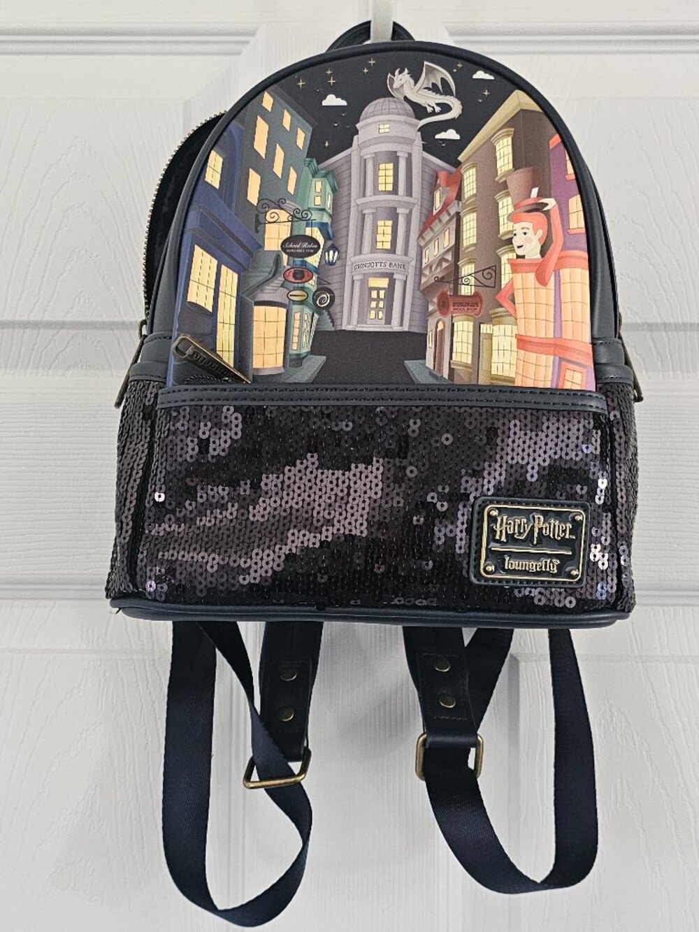 NWOT Loungefly Harry Potter Diagon Alley Sequin Mini Backpack Black Navy night